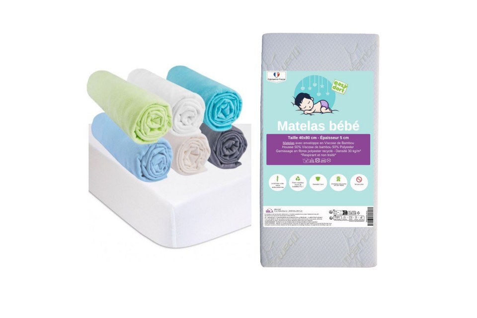 Matelas 40x80 Océan + 6 draps housse + 2 protèges matelas